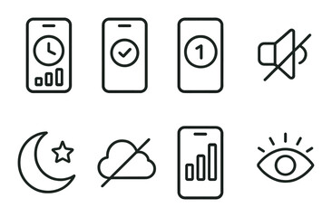 Fototapete - Digital habits outline icons set – linear, tech lifestyle and routine symbols