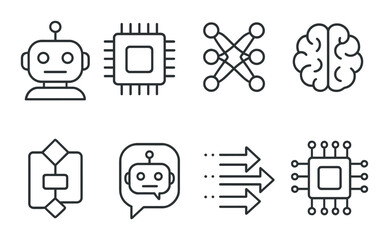 Poster - Ai and technology outline icons set – linear, machine learning and tech symbols