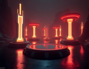 Poster - Futuristic Cityscape, Neon Glow. Abstract Architecture With Long Shadows Creates A Modern, Digital Landscape. Glowing Structures Illuminate The Dark Scene, Creating A Compelling Background. This