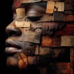 Poster - Wooden Mosaic Portrait of a Woman in Profile, Symbolizing Heritage and Cultural Identity for Diversity Campaigns : Generative AI