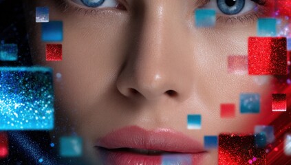 Leinwandbilder - Close-Up of Woman's Face With Floating Red and Blue Squares, Illustrating Digital Transformation and Data Visualization, Perfect for Technology Marketing : Generative AI