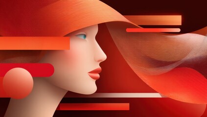 Poster - Elegant Woman in Red Hat With Flowing Lines, Symbolizing Beauty and Modern Design, Ideal for Fashion and Luxury Branding : Generative AI