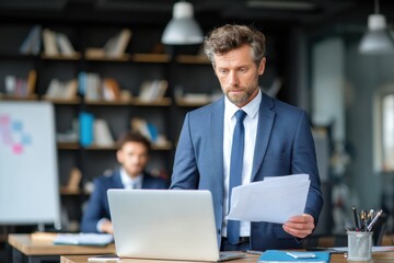 Aufkleber - Focused Businessman in Office Reviewing Documents and Using Laptop, Illustrating Productivity and Corporate Strategy for Business Solutions and Consulting : Generative AI