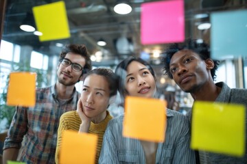 Aufkleber - Diverse Team Brainstorming Ideas on Glass Wall With Sticky Notes, Showcasing Collaboration and Problem Solving in a Modern Workplace : Generative AI