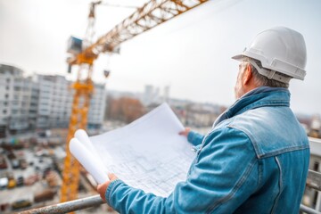 Poster - Construction Worker Reviewing Blueprints on Site With Crane, Symbolizing Progress and Infrastructure Development in Urban Planning and Real Estate : Generative AI