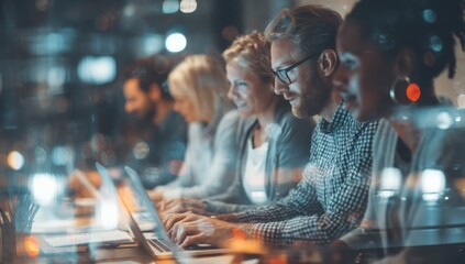 Poster - Diverse Team Working Late on Laptops in Modern Office, Illustrating Collaboration and Digital Transformation, Achieving Shared Goals and Driving Innovation : Generative AI