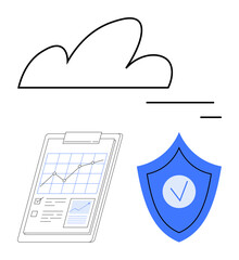 Poster - cloud silhouette with lines, clipboard displaying analytics chart, shield badge with checkmark. idea