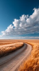 Aufkleber - A winding dirt road meanders through expansive golden wheat fields, surrounded by brilliant blue skies and fluffy white clouds, evoking a sense of tranquility in nature's beauty