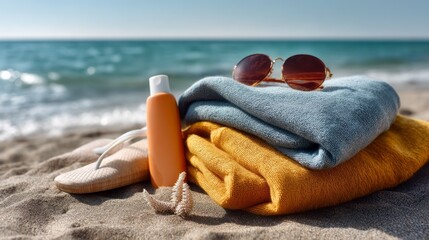Aufkleber - Soft towels in blue and yellow, a bottle of sunscreen, stylish sunglasses, and flip-flops are arranged on the warm sand by the beach. The shimmering ocean is in the background