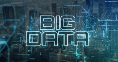 Poster - Flickering neon circuit lines forming BIG DATA letters pulsing over skyline showing data flow