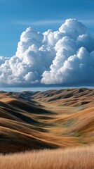 Aufkleber - Expansive rolling hills display golden summer grass that sways gently in the breeze. A stunning blue sky filled with fluffy clouds creates a picturesque landscape during a bright day