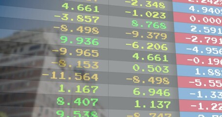Poster - On start digital ticker updating colored values scrolling upward over building showing data loop