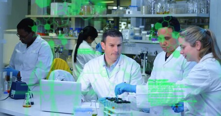 Aufkleber - researchers consulting laptop data then pipetting samples on lab bench for collaborative analysis