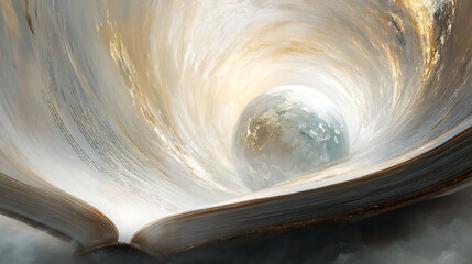 Wall Mural - An open book with pages forming a swirling vortex leading to a celestial sphere