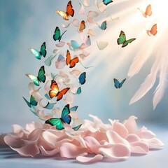 Poster - A dreamlike scene with iridescent butterflies suspended in rose-petal petals, surrounded by a serene blue-tinted background