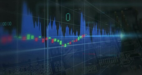 Poster - Blue waveform appearing on grid starting candlestick bars rising falling illustrating market trends