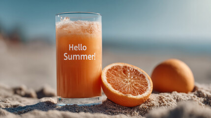 Aufkleber - Enjoy a delightful beach setting with a chilled drink and succulent oranges resting on warm sand. The sun shines brightly, inviting relaxation and summer vibes all around