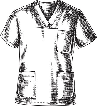 simple white medical shirt with pockets is displayed in a detailed monochrome .