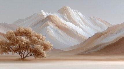 Wall Mural - Serene Watercolor Landscape  Beige Mountains  Single Tree  Calm Nature Scene