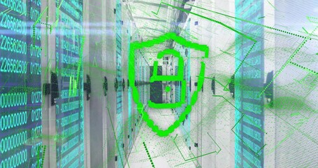 Poster - Shield fading in, triggered by streaming code, animating digits, network lines showing secure flow
