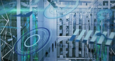 Poster - During steady camera panning, AR overlays emerging across server cabinets scanning network nodes