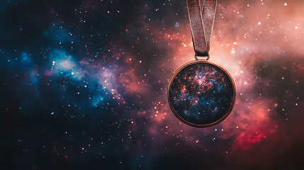Wall Mural - Medal with Cosmic Design Set Against a Vibrant Galaxy Background