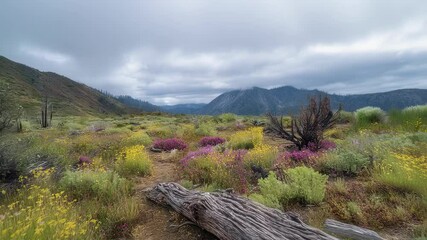 Wall Mural - vibrant mountain meadow displaying colorful wildflowers surrounding weathered fallen tree trunk, str