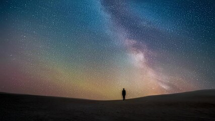 Poster - Colorful aurora borealis glowing across dark desert landscape, revealing milky way galaxy with silhouetted man standing beneath starry night sky, embodying sense of wonder and cosmic exploration