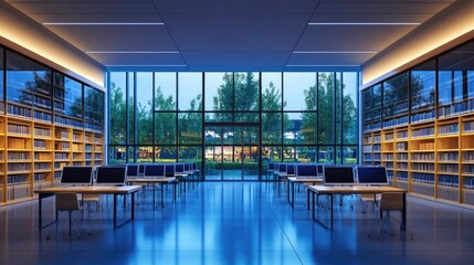 Poster - Modern computer lab in high school with large monitors and chairs neatly pushed in