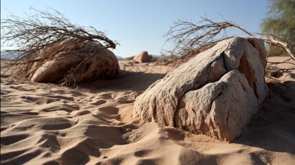 Poster - Boulders with rough surfaces lie in a sandy area, partially covered by windblown sand. Sparse dry vegetation adds texture against the blue sky, highlighting the arid landscape