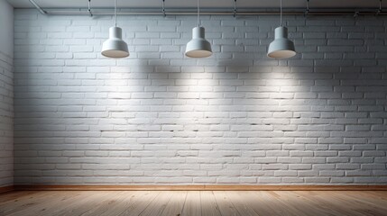 Poster - A white brick wall is illuminated by overhead lights that enhance the texture of the bricks. The warm wooden floor adds a cozy touch to the modern interior environment