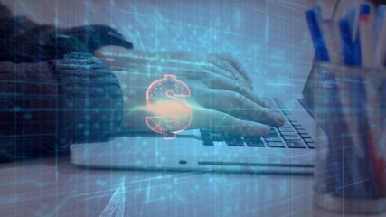 Aufkleber - Man typing on laptop keyboard initiating circuit overlay and pulsing money icon showing finance