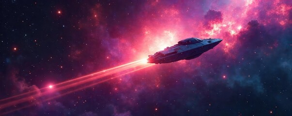 Wall Mural - A lone spaceship soars through a vibrant nebula, leaving a shimmering trail behind it, representing boundless exploration and the discovery of uncharted territories , innovation, discovery