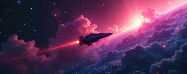Wall Mural - A lone spaceship soars through a vibrant nebula, leaving a shimmering trail behind it, representing boundless exploration and the discovery of uncharted territories , milky way, space, innovation