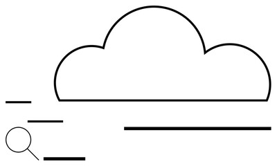 Poster - minimalist cloud surrounded by horizontal lines symbolizing data transfer, magnifying glass to repre