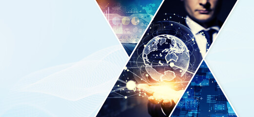 Poster - A collage of various technology images. Wide angle visual for banners or advertisements.