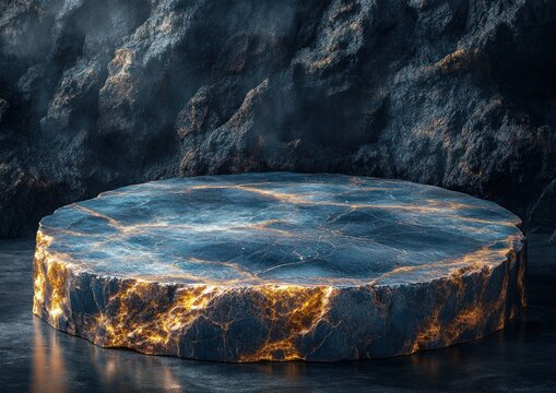 Circular stone platform illuminated by inner golden light.