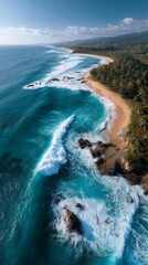 Poster - Waves gently crash against the rocky shore, while palm trees sway in the breeze under a vibrant sky. A peaceful, sunlit beach stretches along the coastline, inviting relaxation