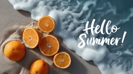 Poster - Bright citrus fruits rest on golden sand while waves softly roll in at the beach. A vibrant message welcomes summer amid the tranquil coastal atmosphere