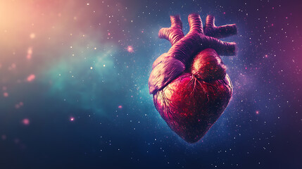 Wall Mural - Anatomical Heart Floating in a Cosmic, Colorful Space Environment