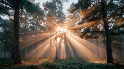 Poster - Sunlight spills through the branches of towering trees, illuminating the misty forest floor at dawn. The golden rays create a serene and magical atmosphere in the peaceful landscape