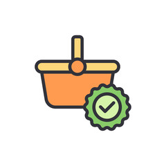 Poster - Complete Shopping Experience Represented With Basket And Check Mark Badge