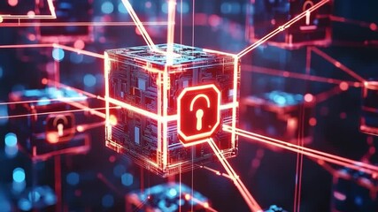 Aufkleber - A glowing digital cube with a red unlocked padlock symbol, surrounded by circuits and neon connections, representing cybersecurity vulnerability.