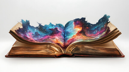 an open book with pages transforming into a vibrant cosmic galaxy