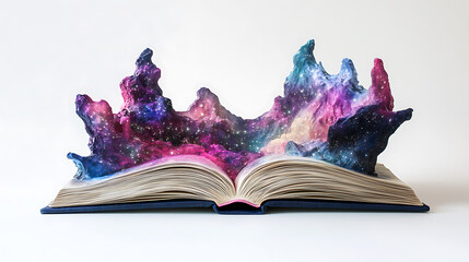 Wall Mural - An open book with a cosmic galaxy emerging from its pages, blending vibrant colors and starry patterns.