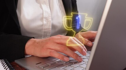 Poster - Businesswoman working on laptop with a virtual trophy icon and the number 1. Concept of winning