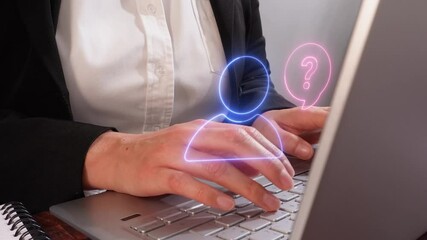 Poster - Businesswoman working on laptop with virtual avatar icon and speech bubble with question mark. Concept of asking
