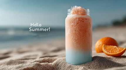 Poster - A cold drink sits enticingly on the sandy beach, surrounded by fresh fruit. Bright sunshine and ocean waves create a perfect summer atmosphere, ideal for relaxation and enjoyment