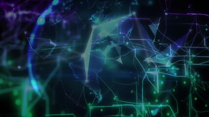 Poster - Facets drifting into view, connecting lines forming rotating wireframe globe showing data flow