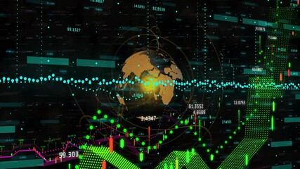 Poster - Opening on dark grid, globe rotating, bars rising, arrow building, showing upward trend